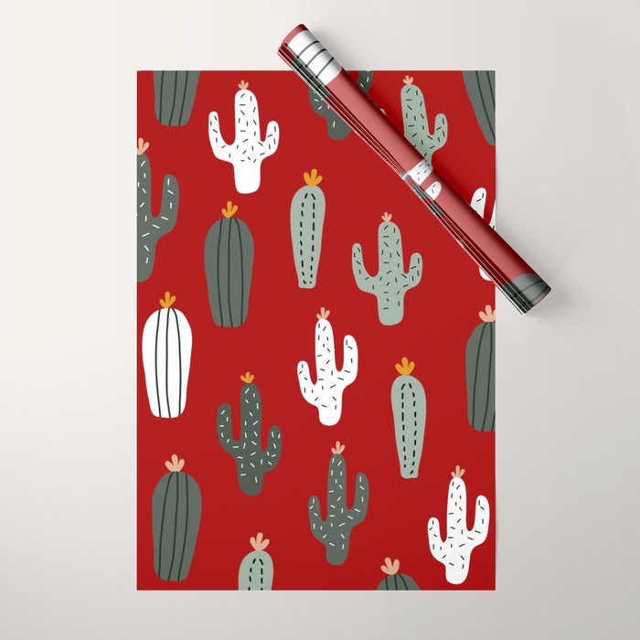 Christmas, Cactus, Red, White and Green, Cute Prints Wrapping Paper Gallery Image 1