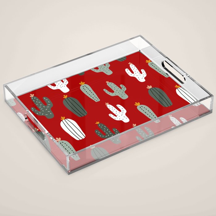 Christmas, Cactus, Red, White and Green, Cute Prints Acrylic Tray Gallery Image 1