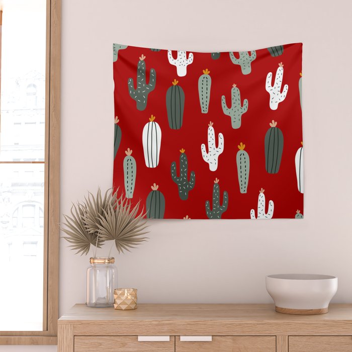 Christmas, Cactus, Red, White and Green, Cute Prints Wall Tapestry Gallery Image 2
