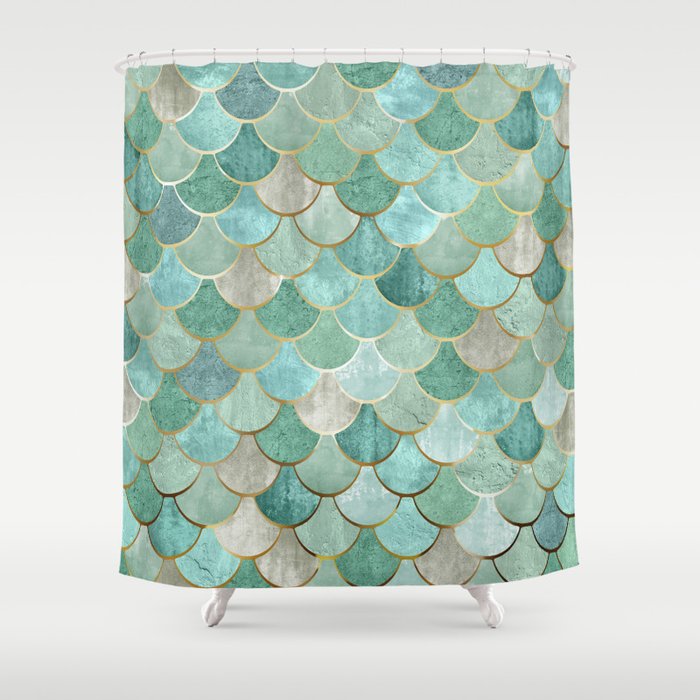Moroccan Mermaid Fish Scale Pattern, Green and Gold Shower Curtain Gallery Image 1