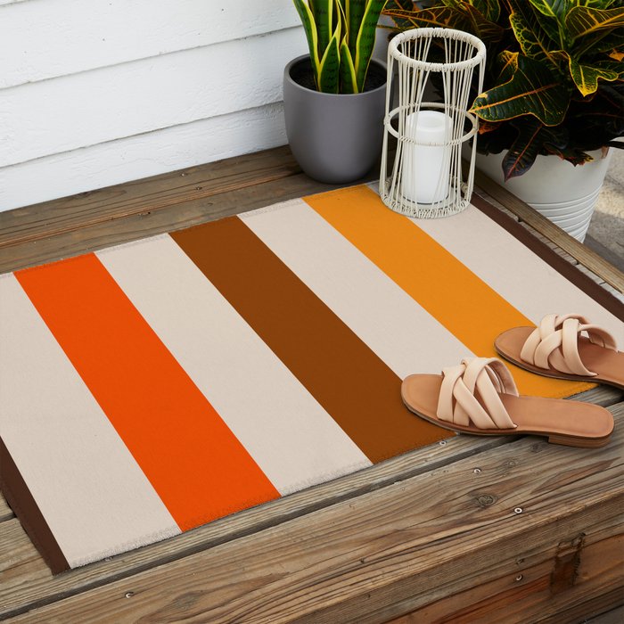 Retro 70s Vertical Stripes Brown Orange Beige Outdoor Rug Gallery Image 2