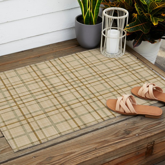 Traditional Plaid Pattern Rustic Country Style Beige Brown Outdoor Rug Gallery Image 2