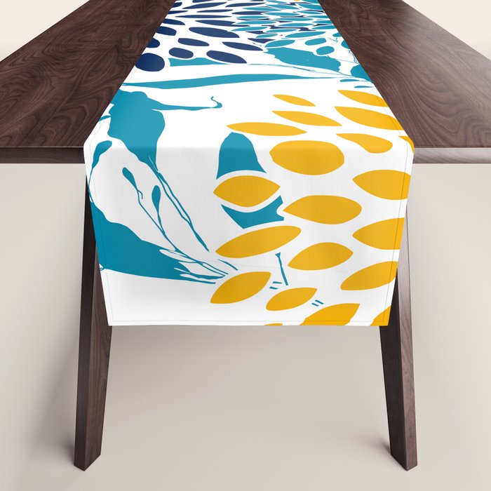 Floral Blooms and Leaves, Navy, Teal Blue, Yellow Table Runner Gallery Image 1