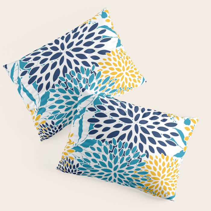 Floral Blooms and Leaves, Navy, Teal Blue, Yellow Pillow Sham Gallery Image 3