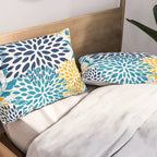 Floral Blooms and Leaves, Navy, Teal Blue, Yellow Pillow Sham Gallery Image 2