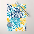 Floral Blooms and Leaves, Navy, Teal Blue, Yellow Wrapping Paper Gallery Image 1