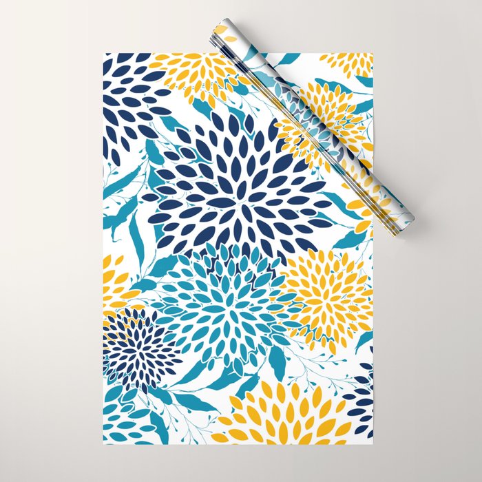 Floral Blooms and Leaves, Navy, Teal Blue, Yellow Wrapping Paper Gallery Image 1