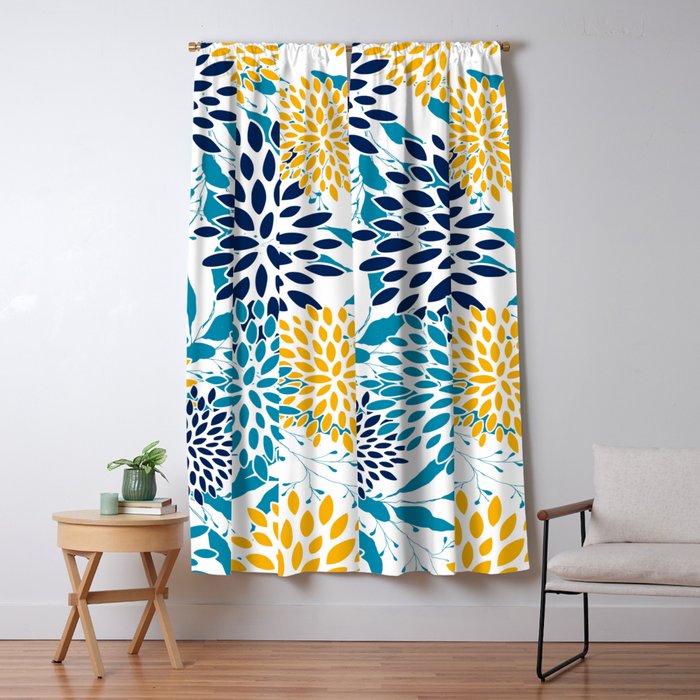 Floral Blooms and Leaves, Navy, Teal Blue, Yellow Window Curtain Gallery Image 5