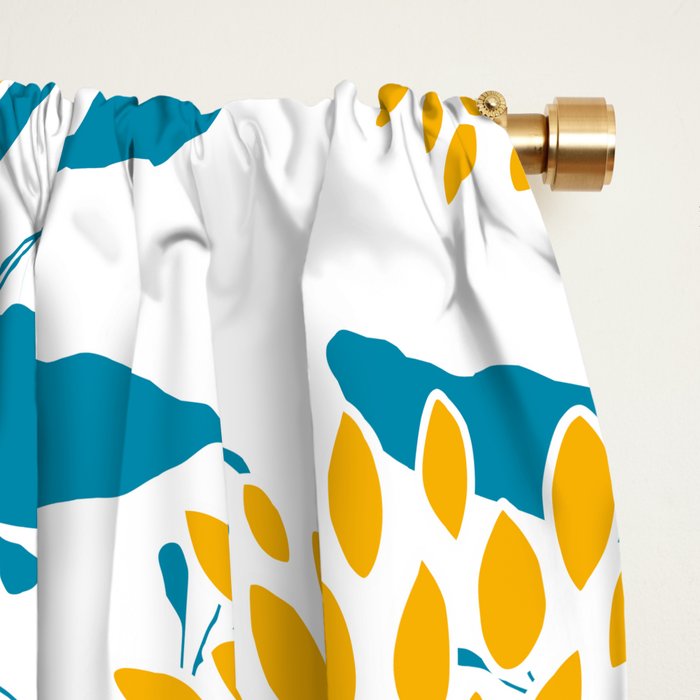 Floral Blooms and Leaves, Navy, Teal Blue, Yellow Window Curtain Gallery Image 2