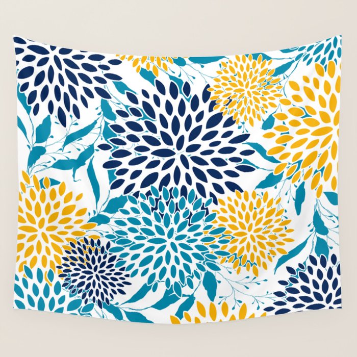 Floral Blooms and Leaves, Navy, Teal Blue, Yellow Wall Tapestry Gallery Image 4