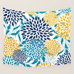 Floral Blooms and Leaves, Navy, Teal Blue, Yellow Wall Tapestry Gallery Image 4