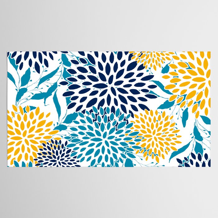 Floral Blooms and Leaves, Navy, Teal Blue, Yellow Tablecloth Gallery Image 2