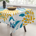 Floral Blooms and Leaves, Navy, Teal Blue, Yellow Tablecloth Gallery Image 3
