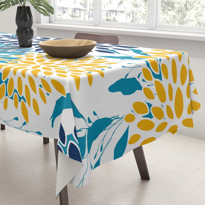 Floral Blooms and Leaves, Navy, Teal Blue, Yellow Tablecloth Gallery Image 3