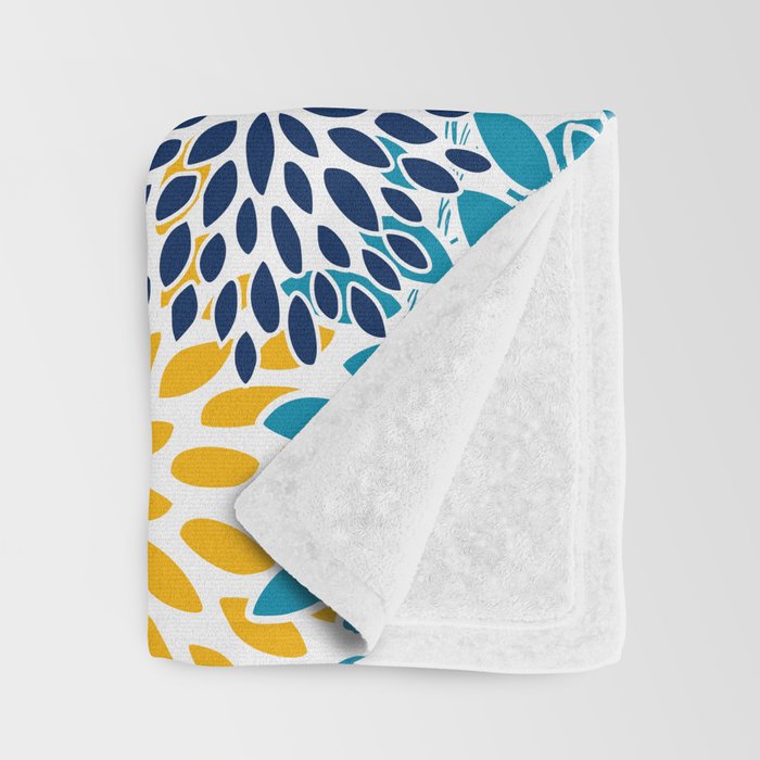 Floral Blooms and Leaves, Navy, Teal Blue, Yellow Throw Blanket Gallery Image 3