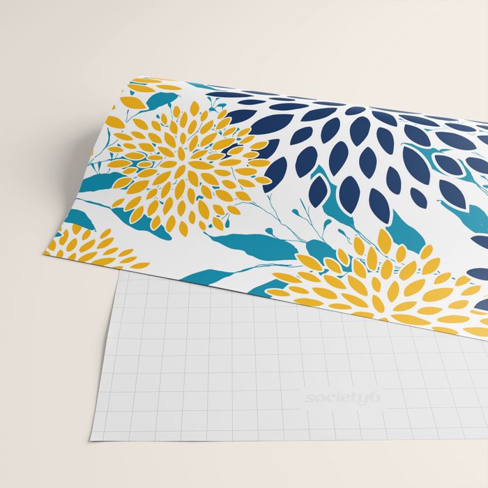 Floral Blooms and Leaves, Navy, Teal Blue, Yellow Wrapping Paper Gallery Image 2