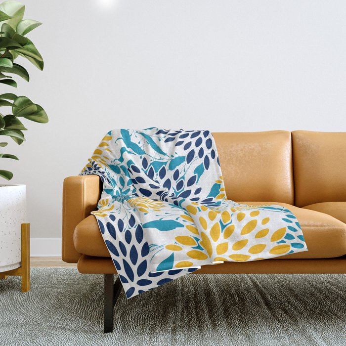 Floral Blooms and Leaves, Navy, Teal Blue, Yellow Throw Blanket Gallery Image 1