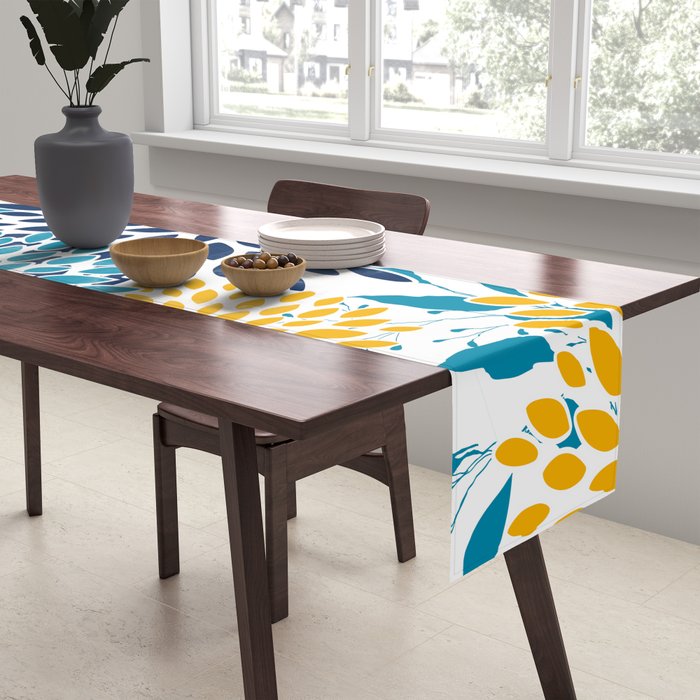 Floral Blooms and Leaves, Navy, Teal Blue, Yellow Table Runner Gallery Image 2