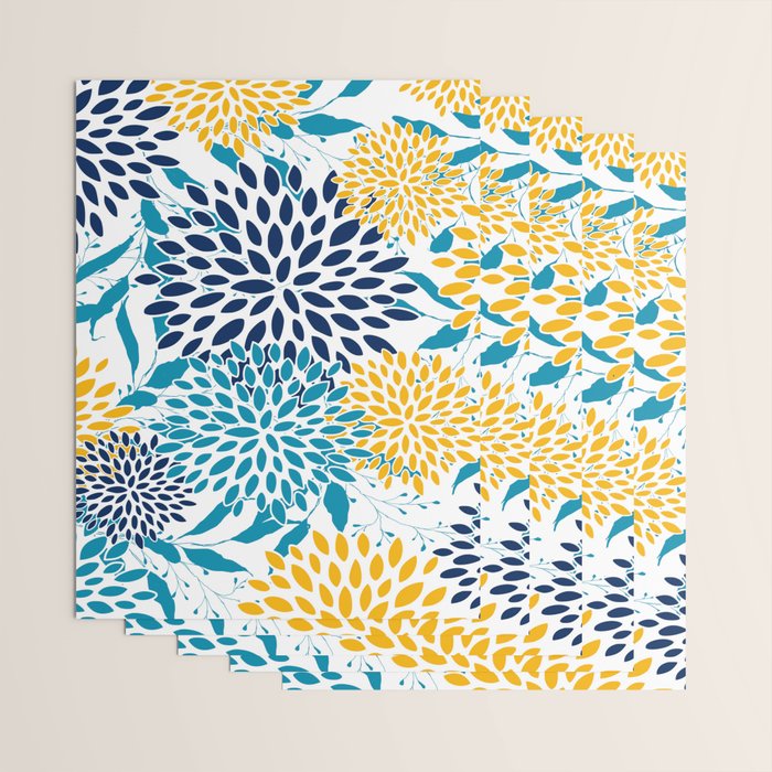Floral Blooms and Leaves, Navy, Teal Blue, Yellow Wrapping Paper Gallery Image 3