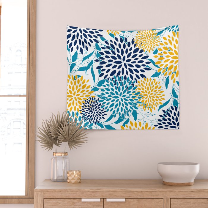 Floral Blooms and Leaves, Navy, Teal Blue, Yellow Wall Tapestry Gallery Image 2