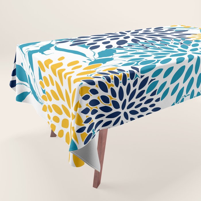 Floral Blooms and Leaves, Navy, Teal Blue, Yellow Tablecloth Gallery Image 1