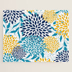 Floral Blooms and Leaves, Navy, Teal Blue, Yellow Jigsaw Puzzle Gallery Image 1