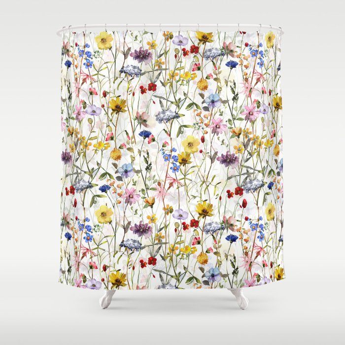 Scandinavian Colorful Midsummer Dried Wildflowers Watercolor Meadow  14 Shower Curtain Gallery Image 1
