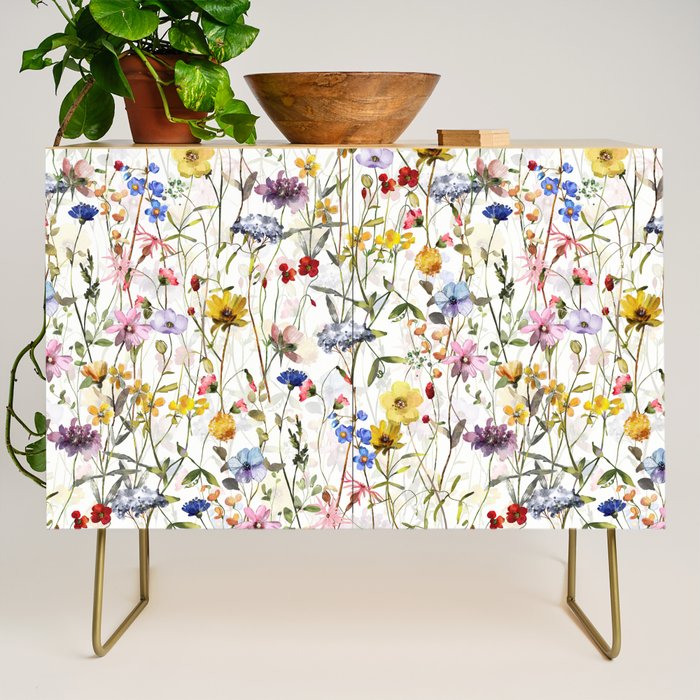 Scandinavian Colorful Midsummer Dried Wildflowers Watercolor Meadow  14 Credenza Gallery Image 1