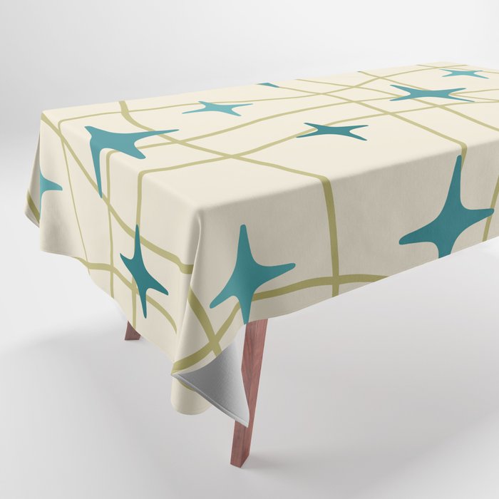 Mid Century Modern Cosmic Star Pattern 693 Cream Turquoise Olive Tablecloth Gallery Image 1