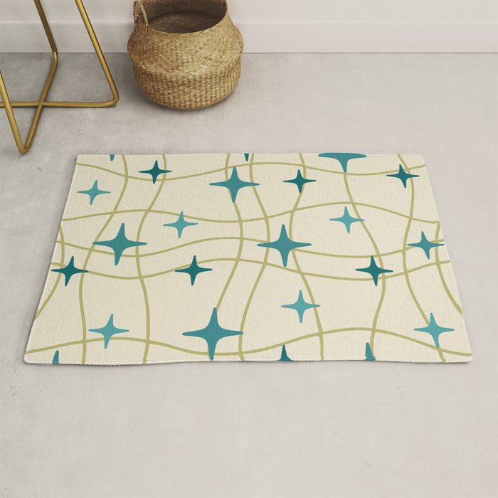 Mid Century Modern Cosmic Star Pattern 693 Cream Turquoise Olive Rug Gallery Image 1