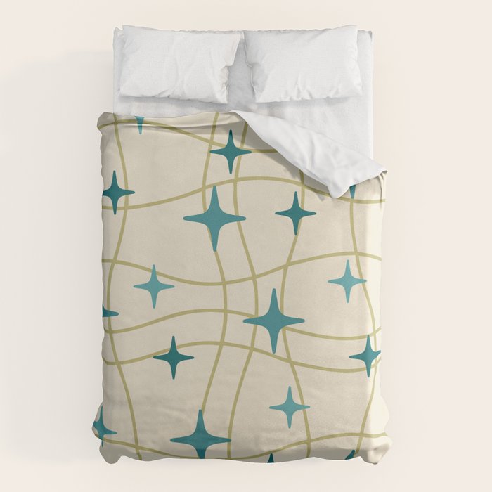 Mid Century Modern Cosmic Star Pattern 693 Cream Turquoise Olive Duvet Cover Gallery Image 6