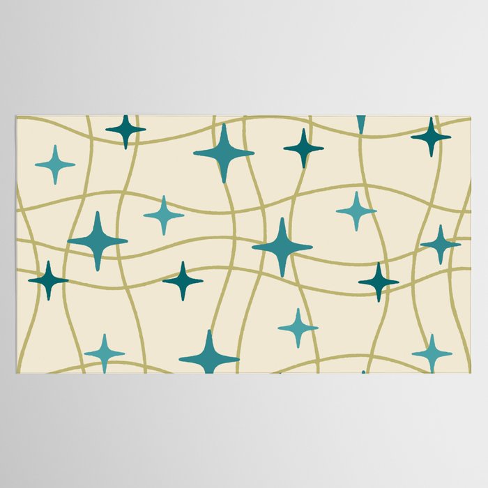 Mid Century Modern Cosmic Star Pattern 693 Cream Turquoise Olive Tablecloth Gallery Image 2