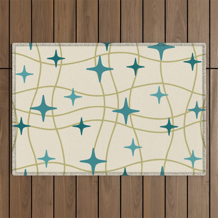 Mid Century Modern Cosmic Star Pattern 693 Cream Turquoise Olive Outdoor Rug Gallery Image 1