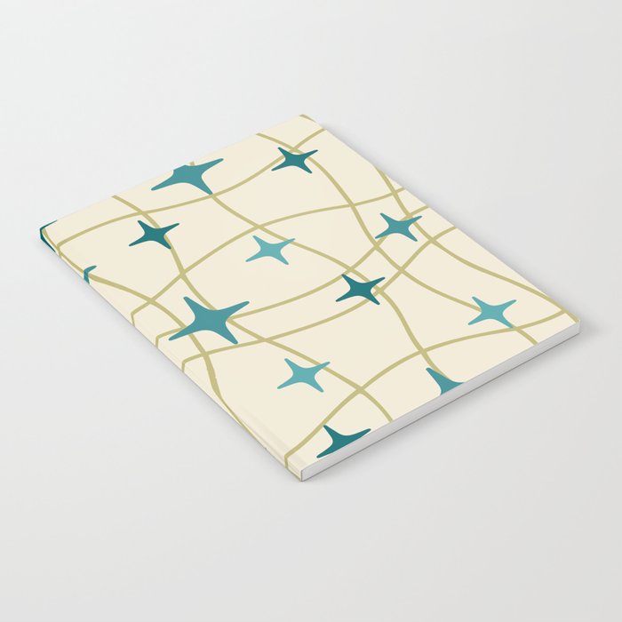 Mid Century Modern Cosmic Star Pattern 693 Cream Turquoise Olive Notebook Gallery Image 2