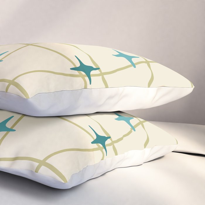 Mid Century Modern Cosmic Star Pattern 693 Cream Turquoise Olive Pillow Sham Gallery Image 3