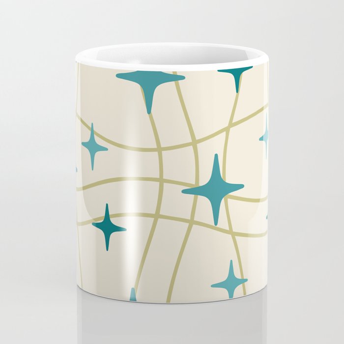 Mid Century Modern Cosmic Star Pattern 693 Cream Turquoise Olive Coffee Mug Gallery Image 4