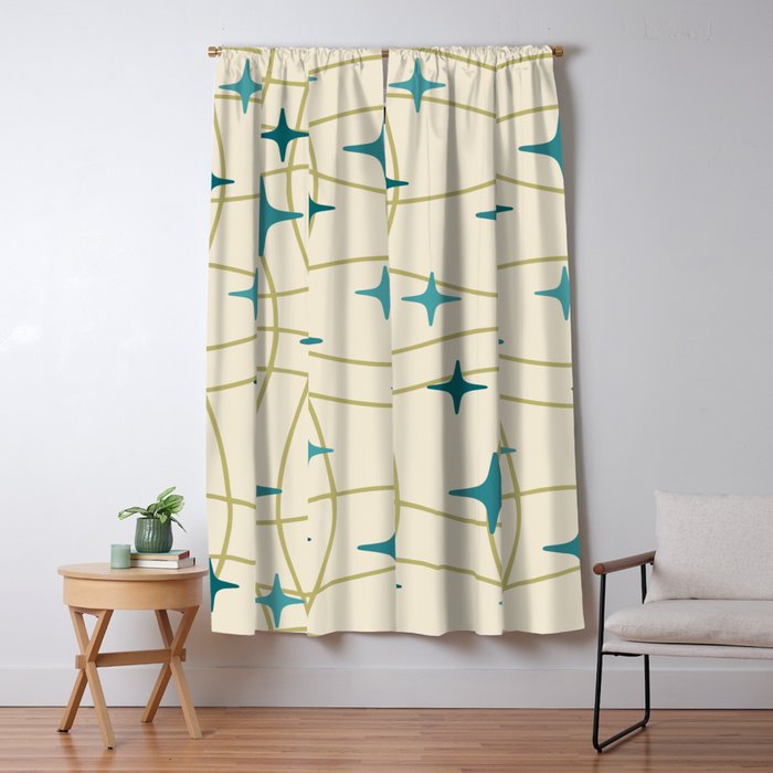 Mid Century Modern Cosmic Star Pattern 693 Cream Turquoise Olive Window Curtain Gallery Image 1
