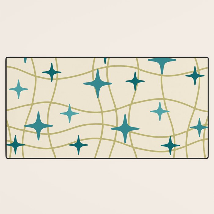 Mid Century Modern Cosmic Star Pattern 693 Cream Turquoise Olive Desk Mat Gallery Image 3