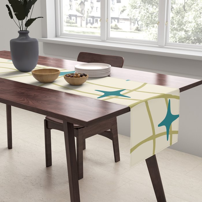 Mid Century Modern Cosmic Star Pattern 693 Cream Turquoise Olive Table Runner Gallery Image 2
