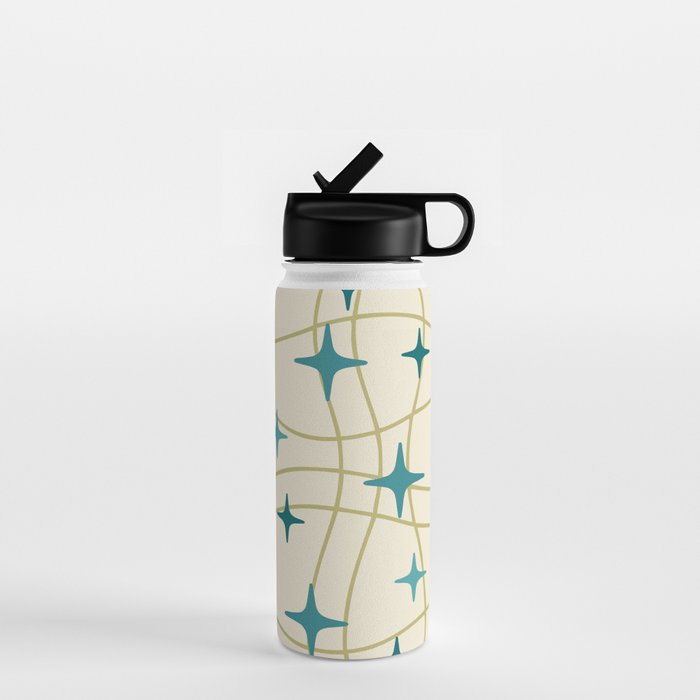 Mid Century Modern Cosmic Star Pattern 693 Cream Turquoise Olive Water Bottle Gallery Image 1