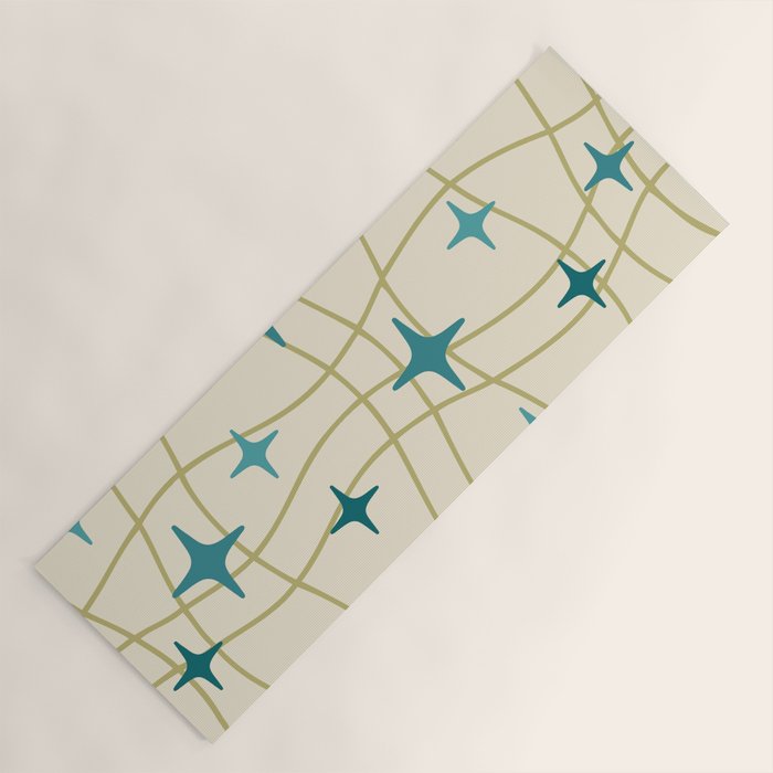 Mid Century Modern Cosmic Star Pattern 693 Cream Turquoise Olive Yoga Mat Gallery Image 1