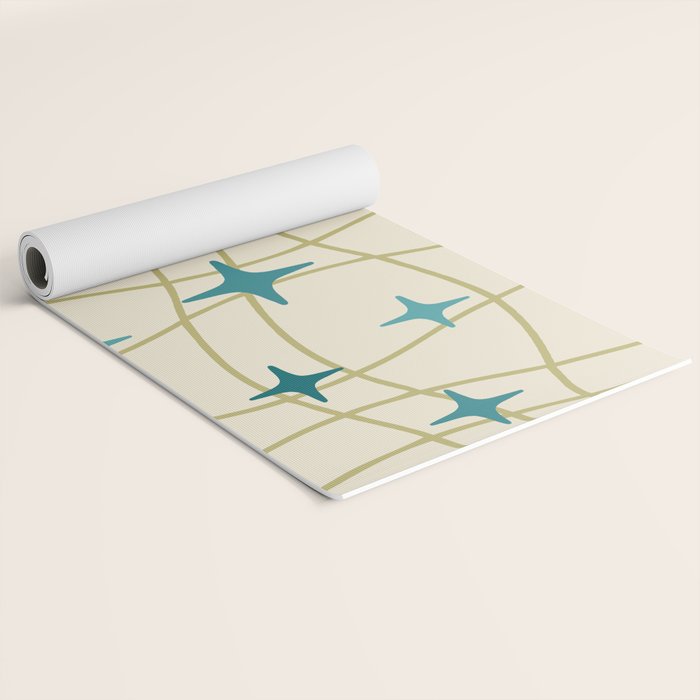 Mid Century Modern Cosmic Star Pattern 693 Cream Turquoise Olive Yoga Mat Gallery Image 2