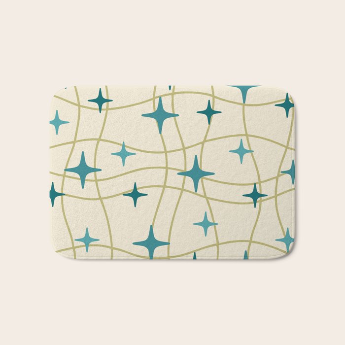 Mid Century Modern Cosmic Star Pattern 693 Cream Turquoise Olive Bath Mat Gallery Image 1