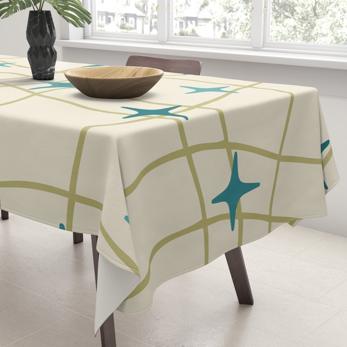 Mid Century Modern Cosmic Star Pattern 693 Cream Turquoise Olive Tablecloth Gallery Image 3