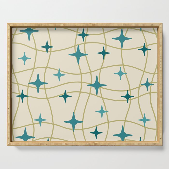 Mid Century Modern Cosmic Star Pattern 693 Cream Turquoise Olive Serving Tray Gallery Image 1