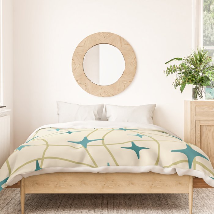 Mid Century Modern Cosmic Star Pattern 693 Cream Turquoise Olive Duvet Cover Gallery Image 3