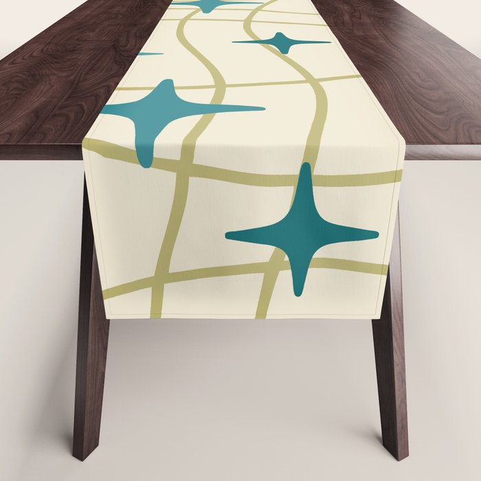 Mid Century Modern Cosmic Star Pattern 693 Cream Turquoise Olive Table Runner Gallery Image 1