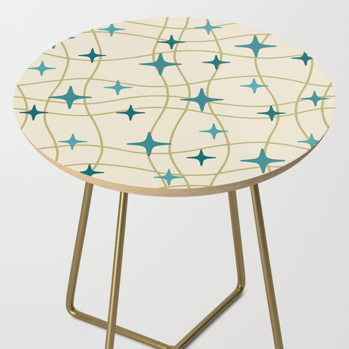 Mid Century Modern Cosmic Star Pattern 693 Cream Turquoise Olive Side Table Gallery Image 2