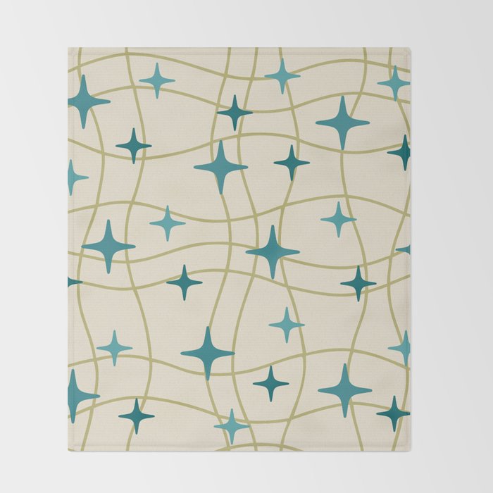 Mid Century Modern Cosmic Star Pattern 693 Cream Turquoise Olive Throw Blanket Gallery Image 2