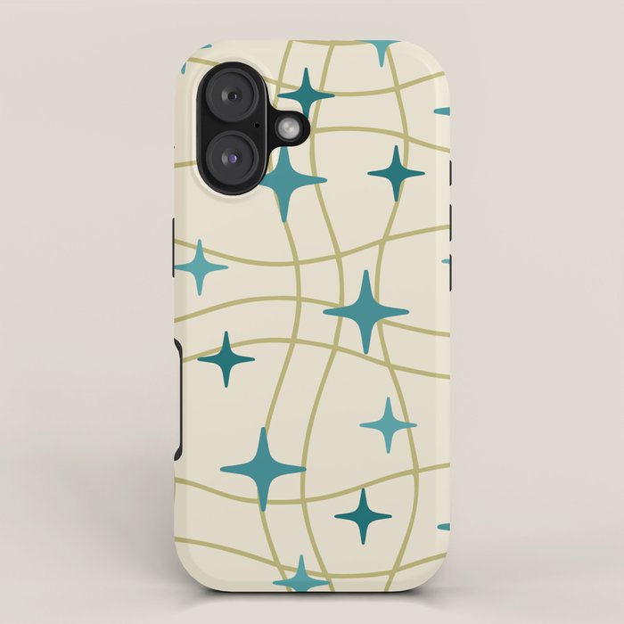 Mid Century Modern Cosmic Star Pattern 693 Cream Turquoise Olive iPhone Case Gallery Image 1
